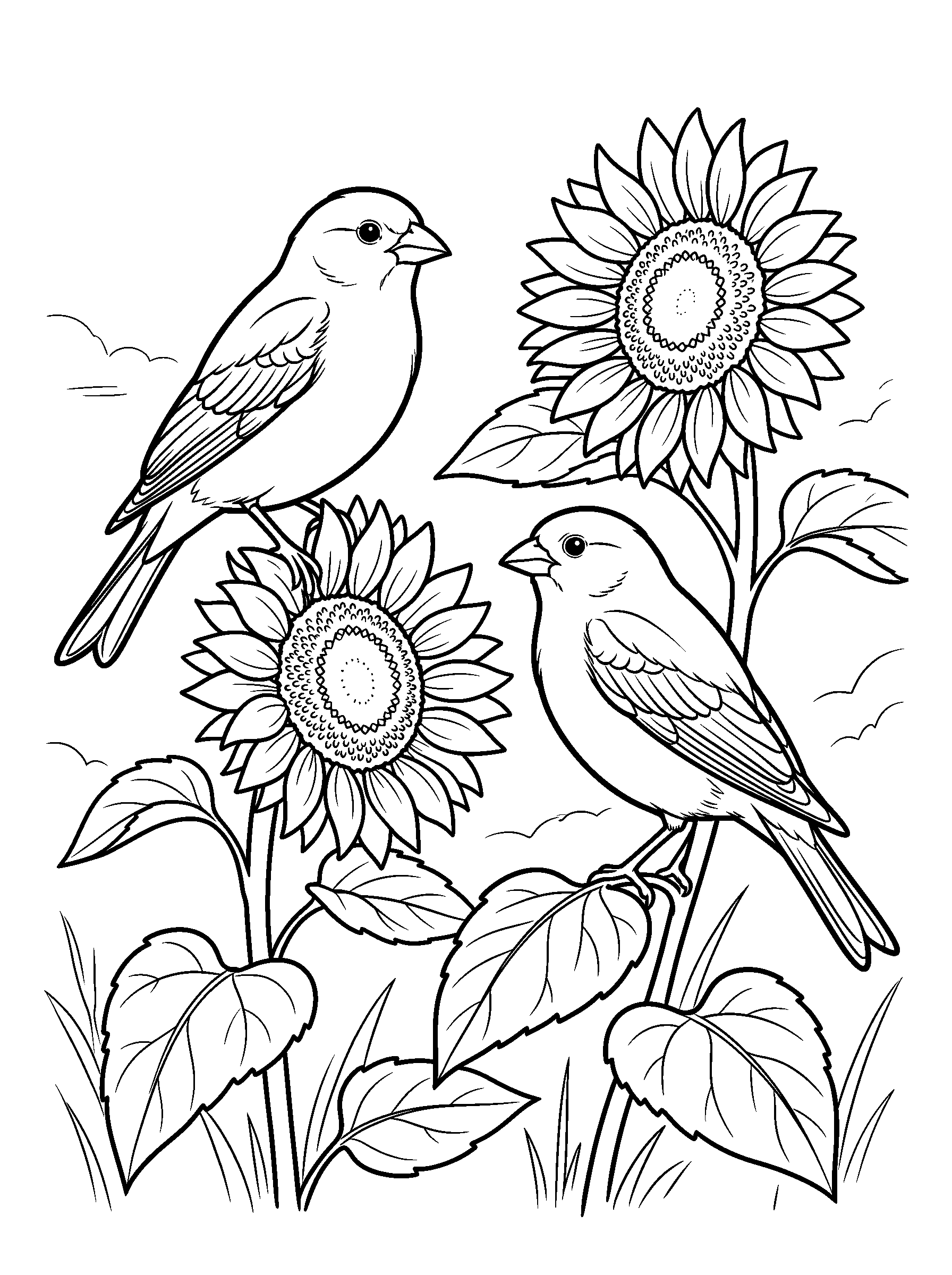 Finches and Sunflowers — full black-and-white printable coloring page