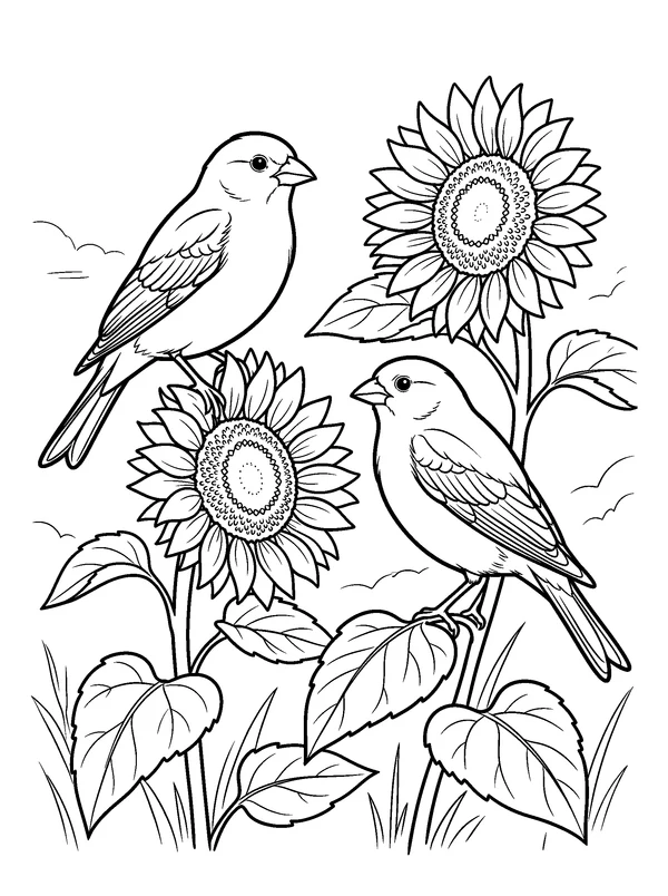 Finches and Sunflowers — printable black-and-white coloring sheet