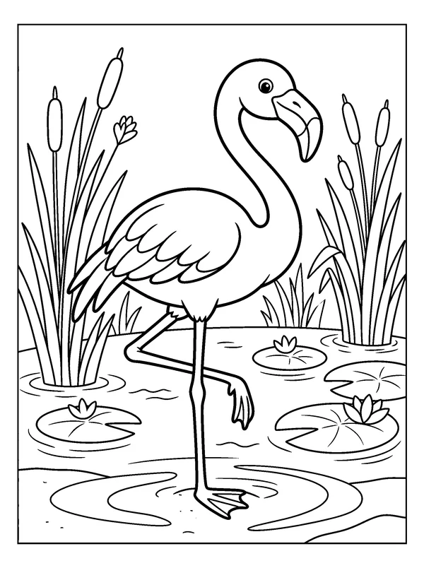 Flamingo in the Reeds — printable black-and-white coloring sheet