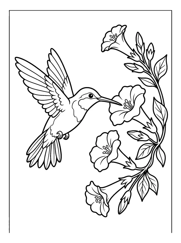 Hummingbird and Trumpet Flowers — printable black-and-white coloring sheet
