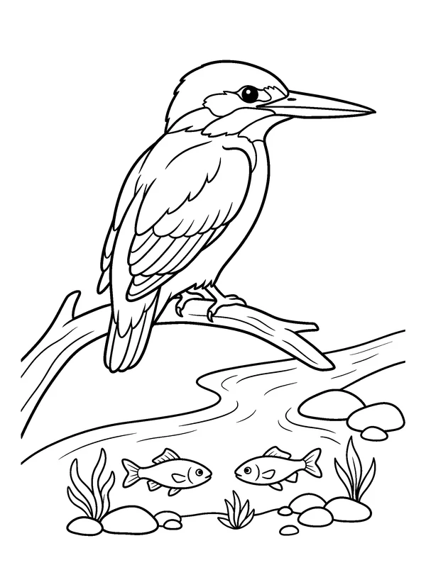 Kingfisher Above the Stream — printable black-and-white coloring sheet