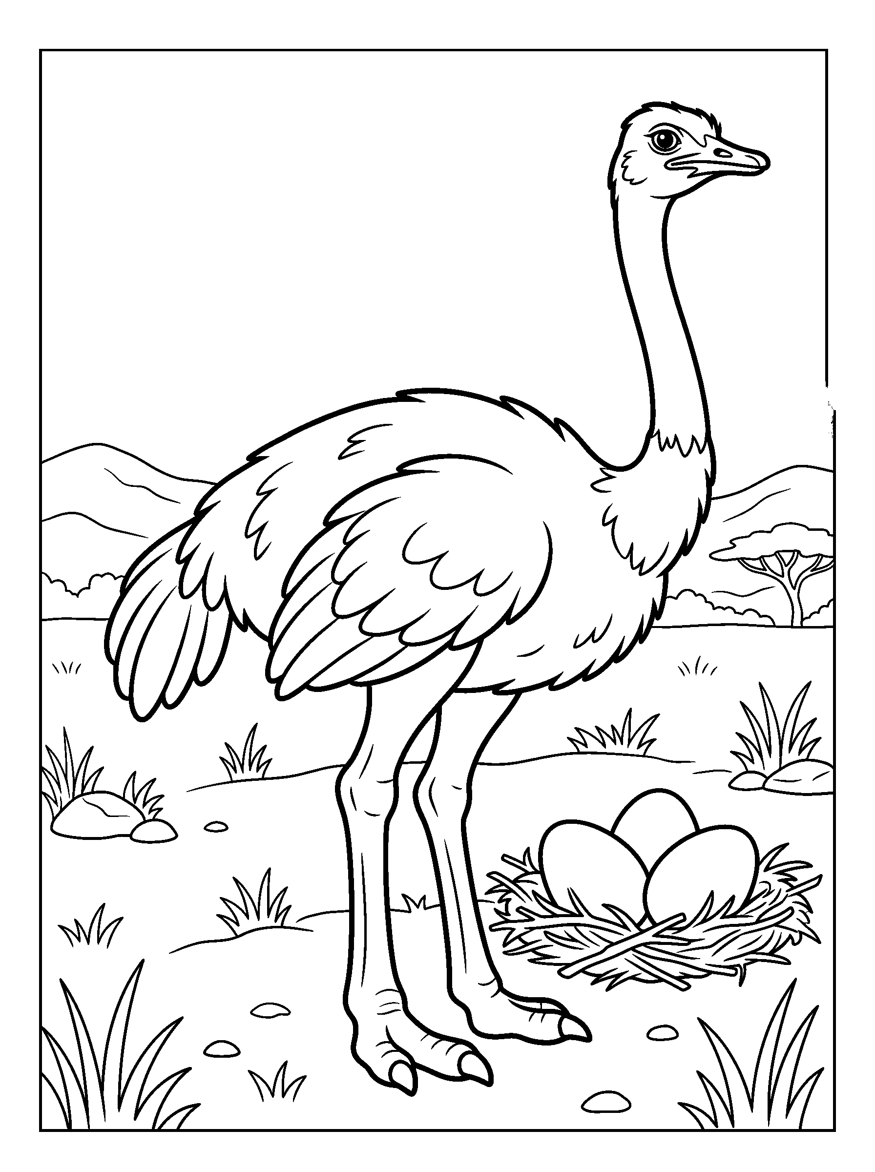 Ostrich Beside an Egg Nest — full black-and-white printable coloring page