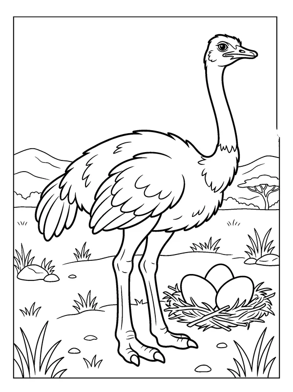 Ostrich Beside an Egg Nest — printable black-and-white coloring sheet