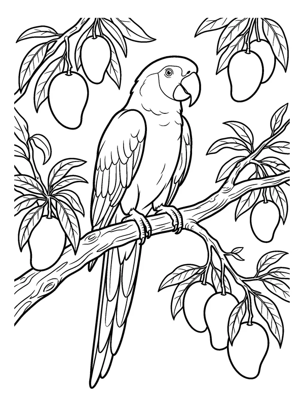 Parrot in a Mango Tree — printable black-and-white coloring sheet