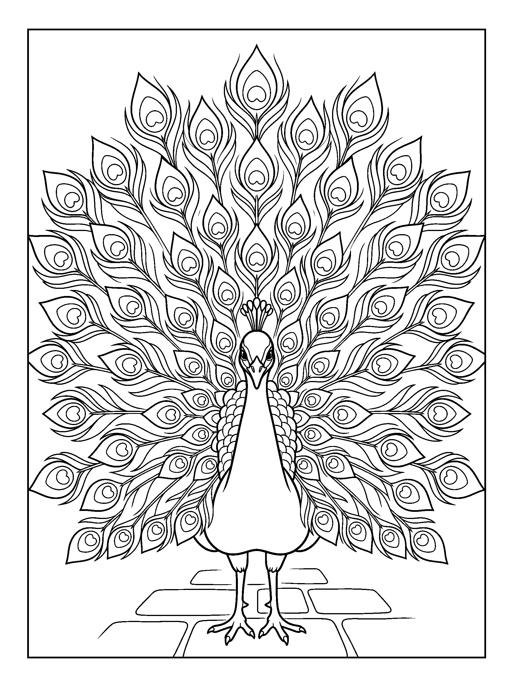 Peacock in the Courtyard — full black-and-white printable coloring page