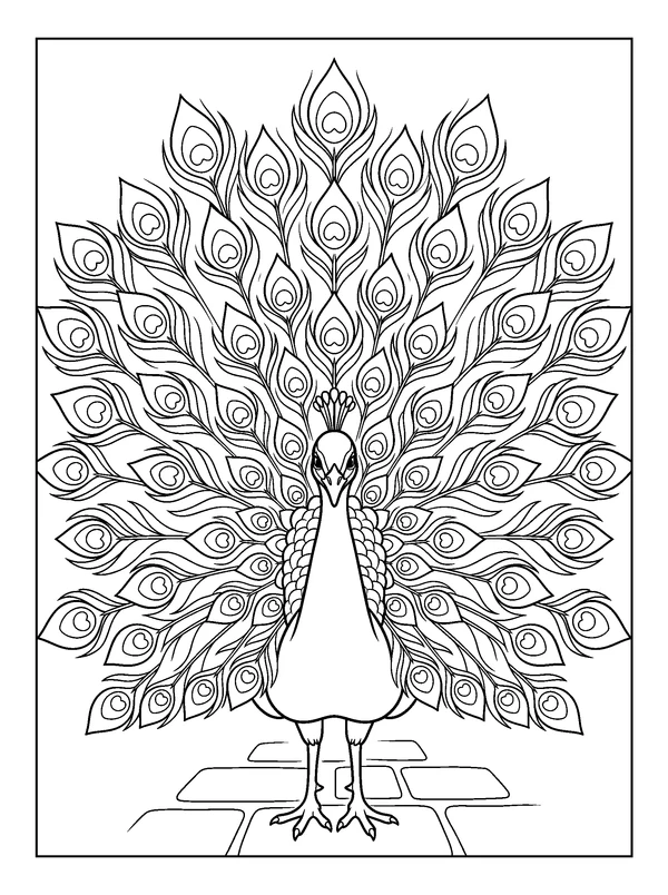 Peacock in the Courtyard — printable black-and-white coloring sheet