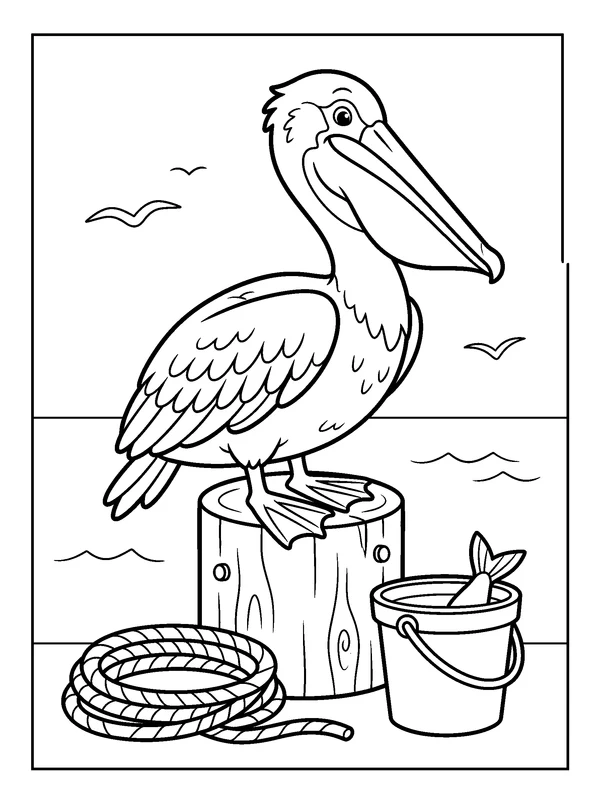 Pelican on a Wooden Pier — printable black-and-white coloring sheet