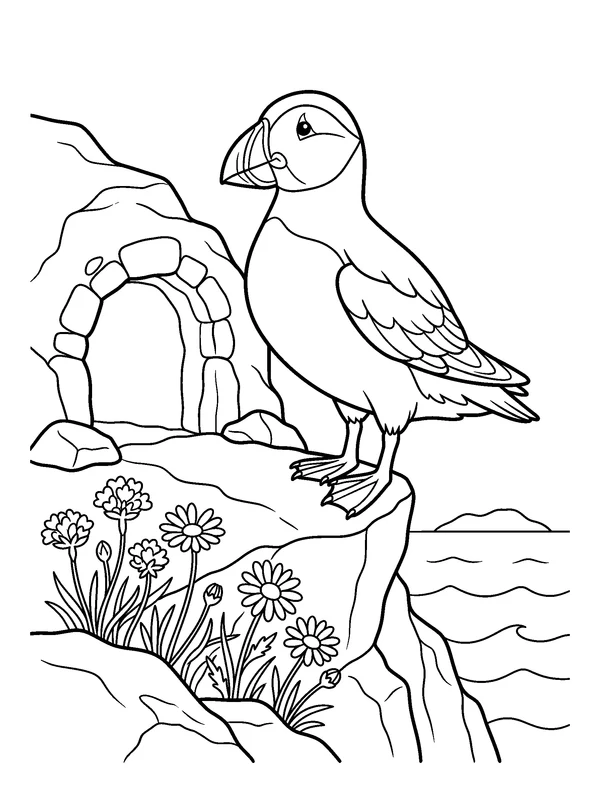 Puffin on a Sea Cliff — printable black-and-white coloring sheet
