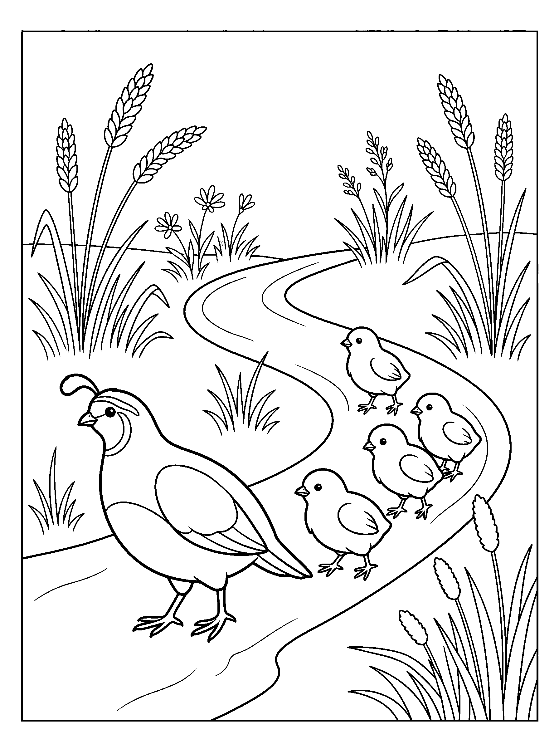 Quail Family in Tall Grass — full black-and-white printable coloring page