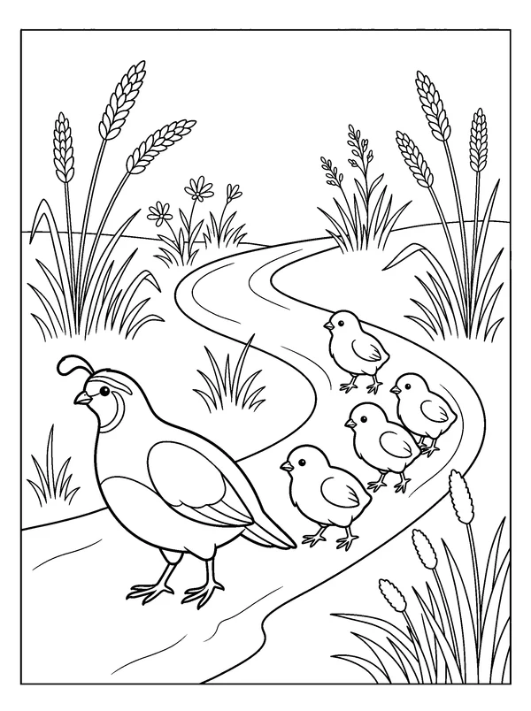 Quail Family in Tall Grass — printable black-and-white coloring sheet