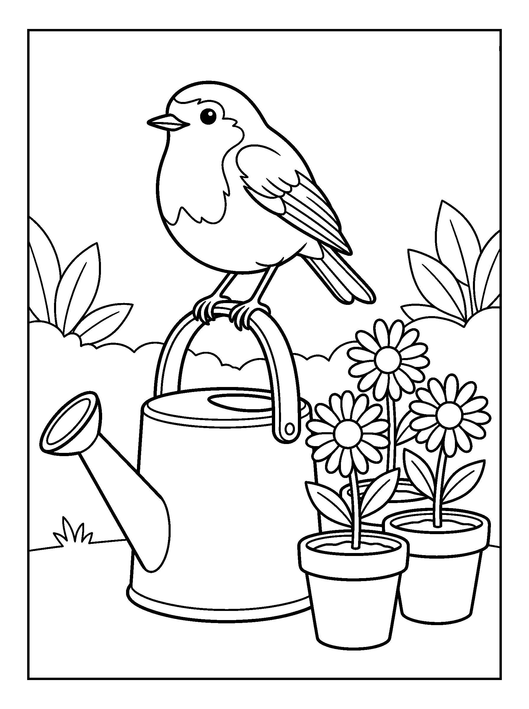Robin on a Watering Can — full black-and-white printable coloring page