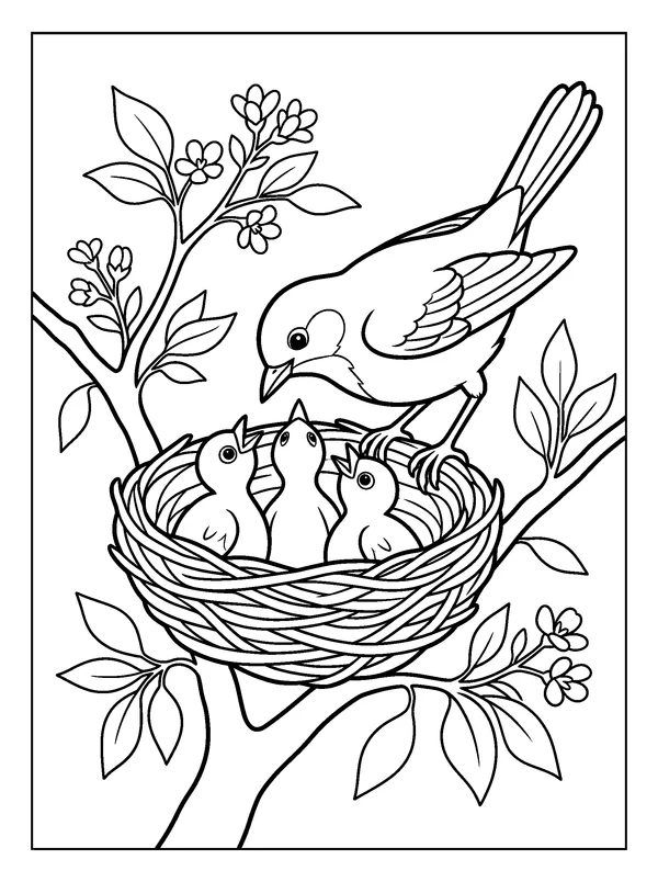 Songbird Feeding Its Nestlings — printable black-and-white coloring sheet