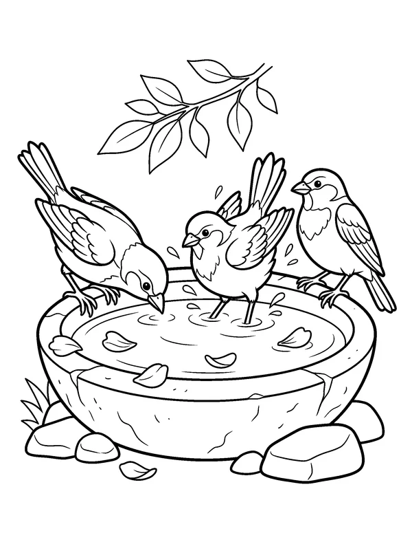 Sparrows at the Birdbath — printable black-and-white coloring sheet