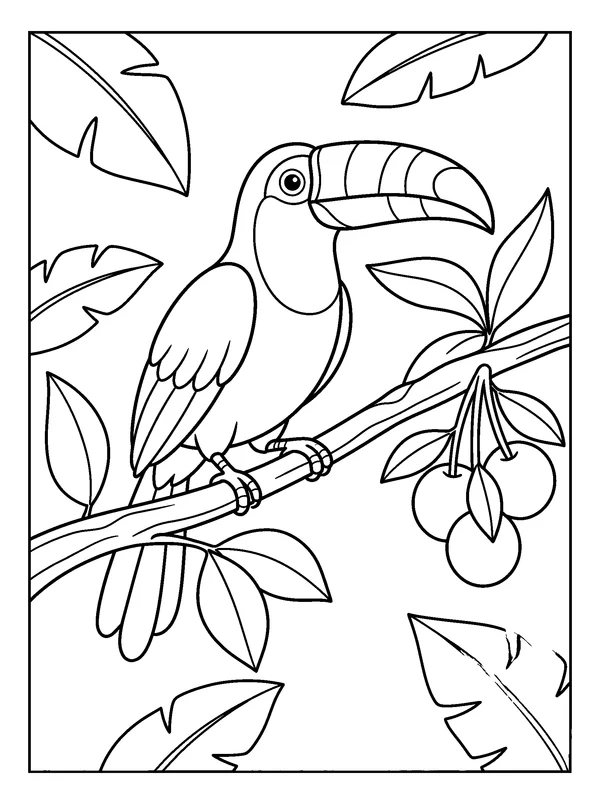 Toucan on a Fruit Branch — printable black-and-white coloring sheet