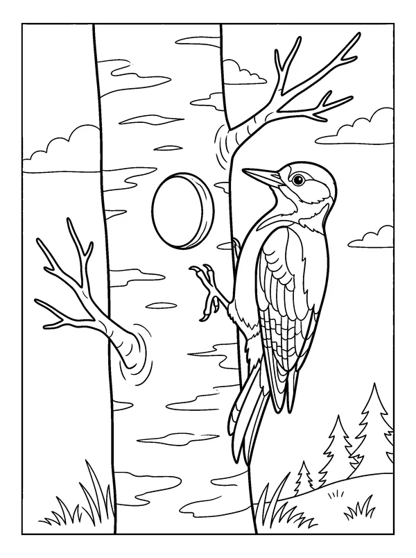 Woodpecker on a Birch Trunk — printable black-and-white coloring sheet