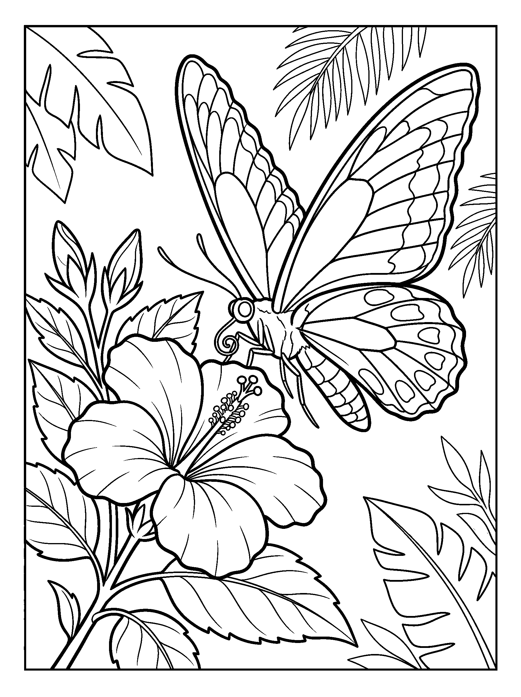 Birdwing Tropical Flight — full black-and-white printable coloring page