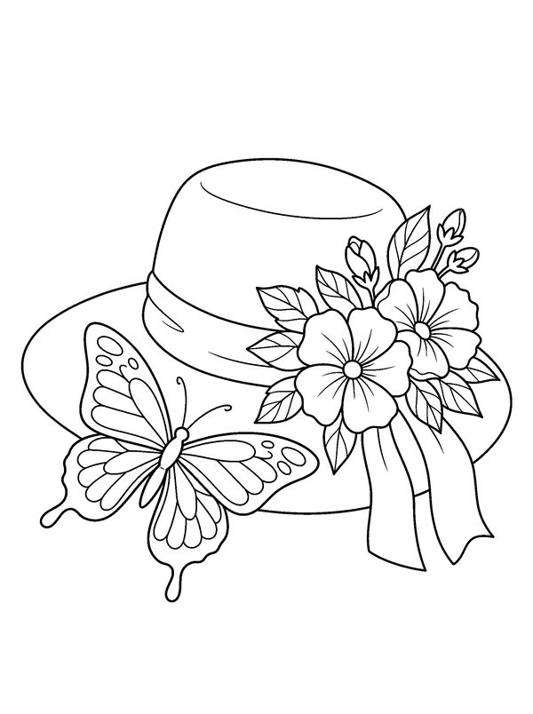 Butterfly on a Garden Hat — printable black-and-white coloring sheet