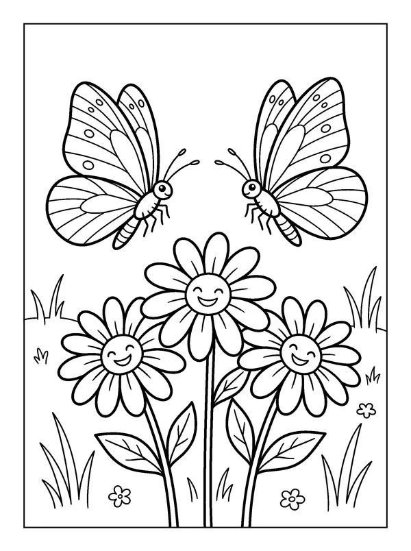 Butterflies above the Daisies — printable black-and-white coloring sheet