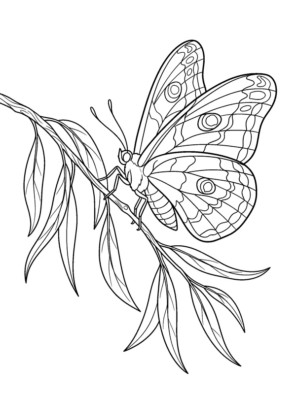Butterfly on a Willow Spray — printable black-and-white coloring sheet