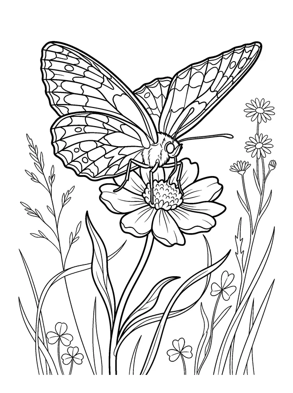 Marbled Wing Meadow — printable black-and-white coloring sheet