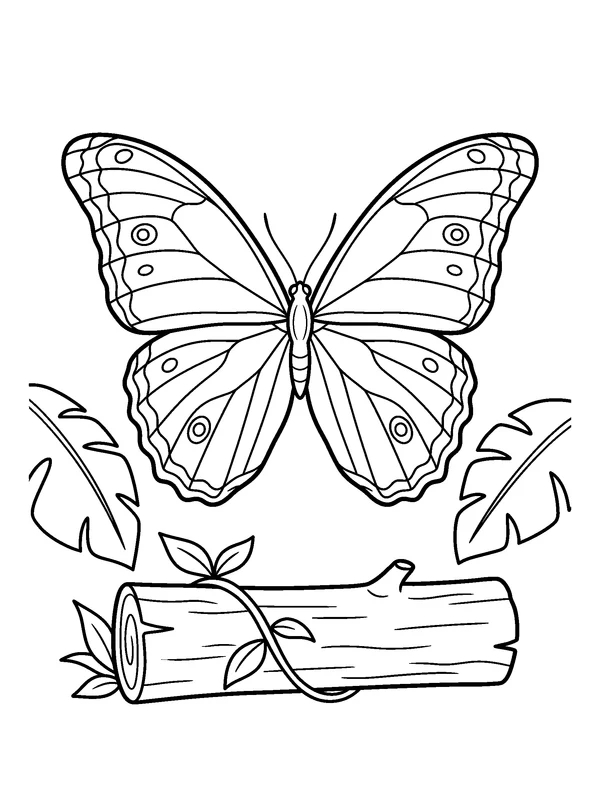 Morpho on a Forest Log — printable black-and-white coloring sheet