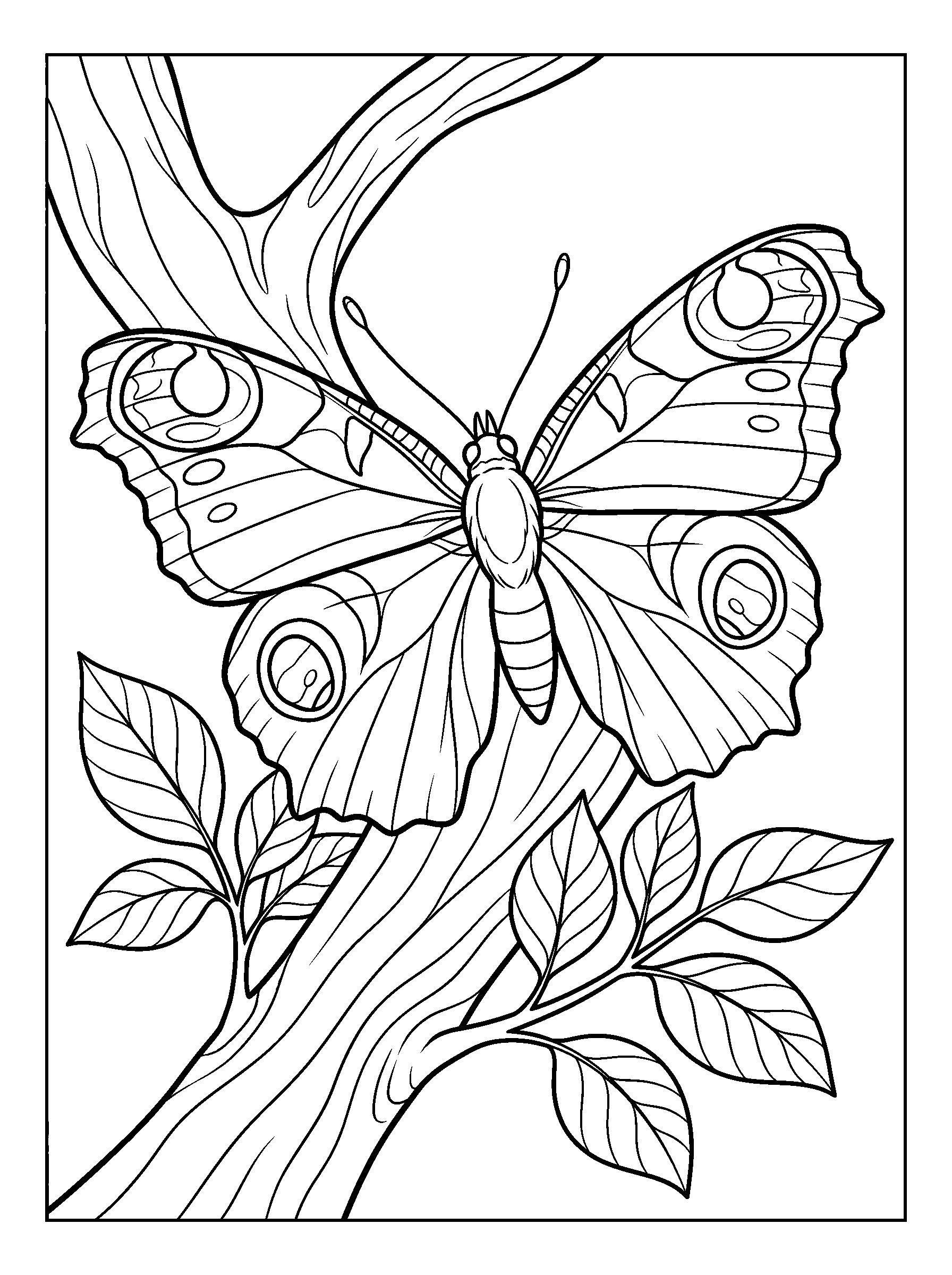 Peacock Butterfly on Bark — full black-and-white printable coloring page
