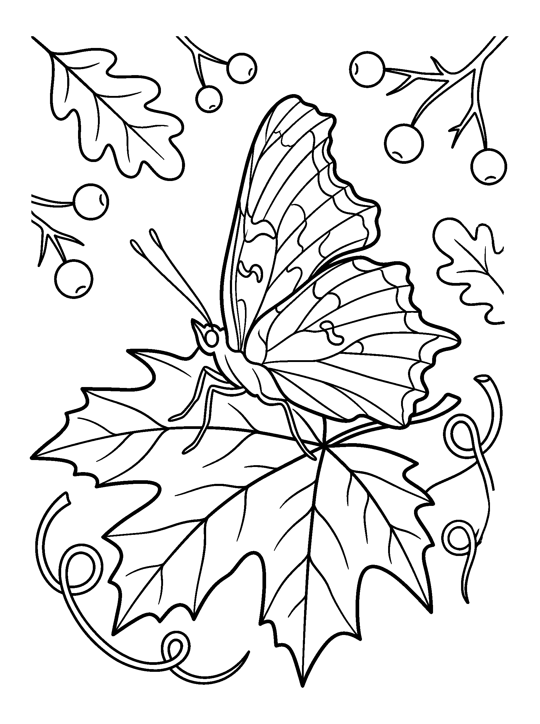 Butterfly Autumn Rest — full black-and-white printable coloring page