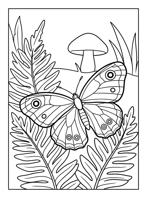 Wood Nymph Clearing — printable black-and-white coloring sheet