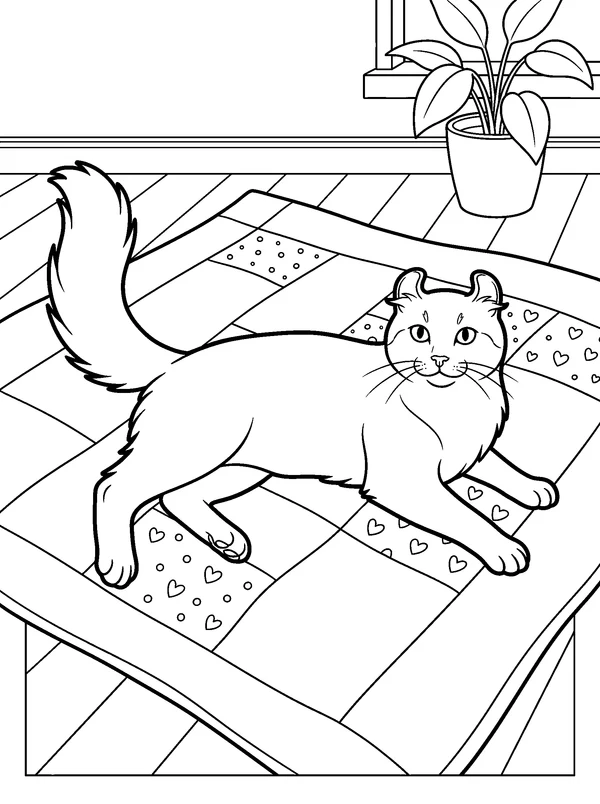 Curled-Ear Cat on a Quilt — printable black-and-white coloring sheet