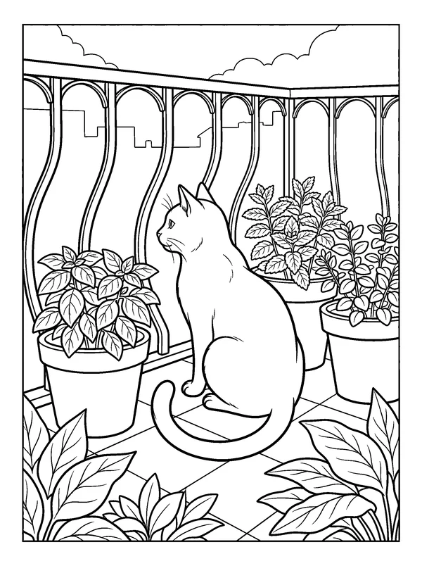 Cat among the Herb Pots — printable black-and-white coloring sheet