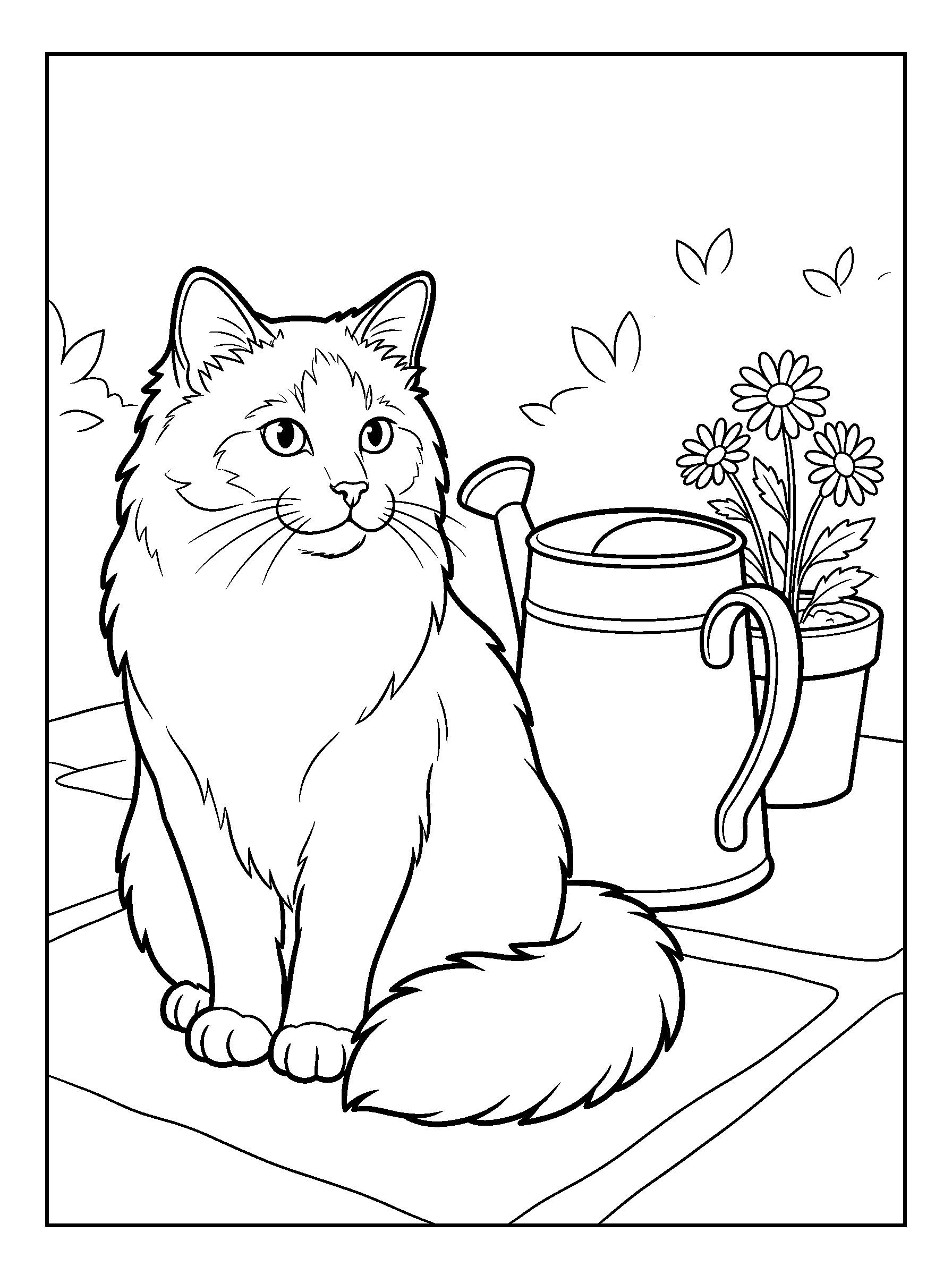 Birman Garden Helper — full black-and-white printable coloring page