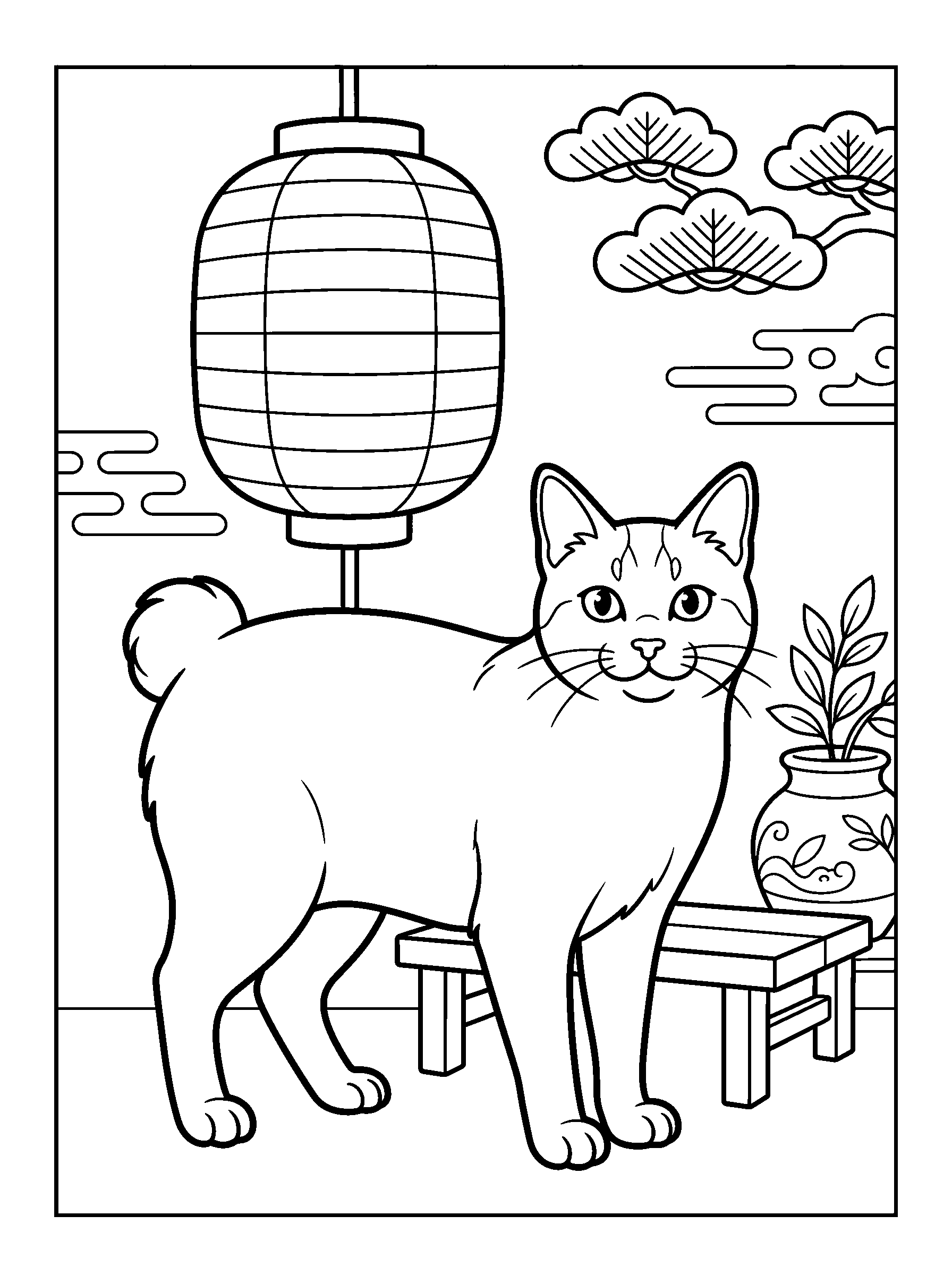 Bobtail and the Lantern — full black-and-white printable coloring page