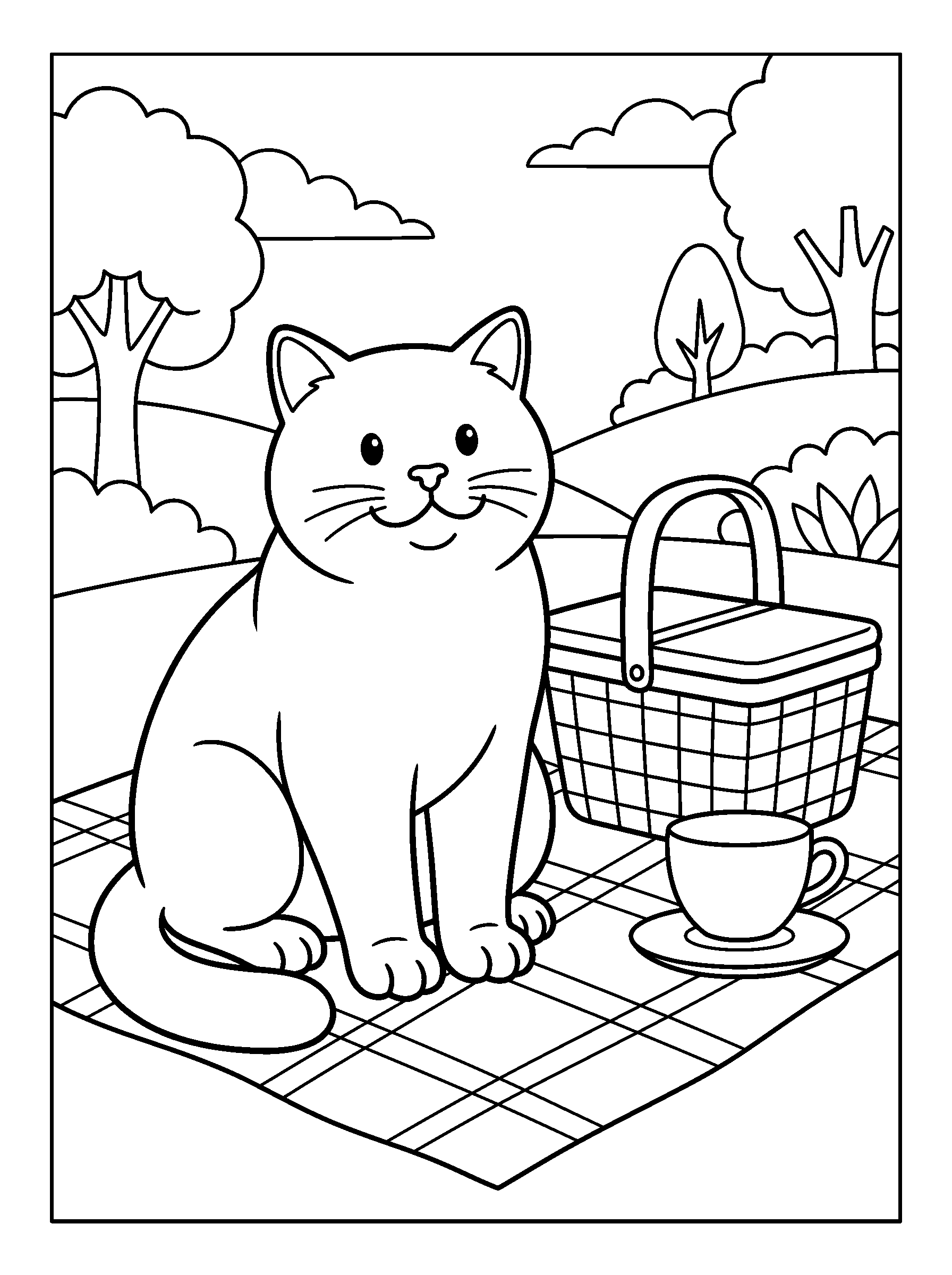 Shorthair Picnic Guest — full black-and-white printable coloring page