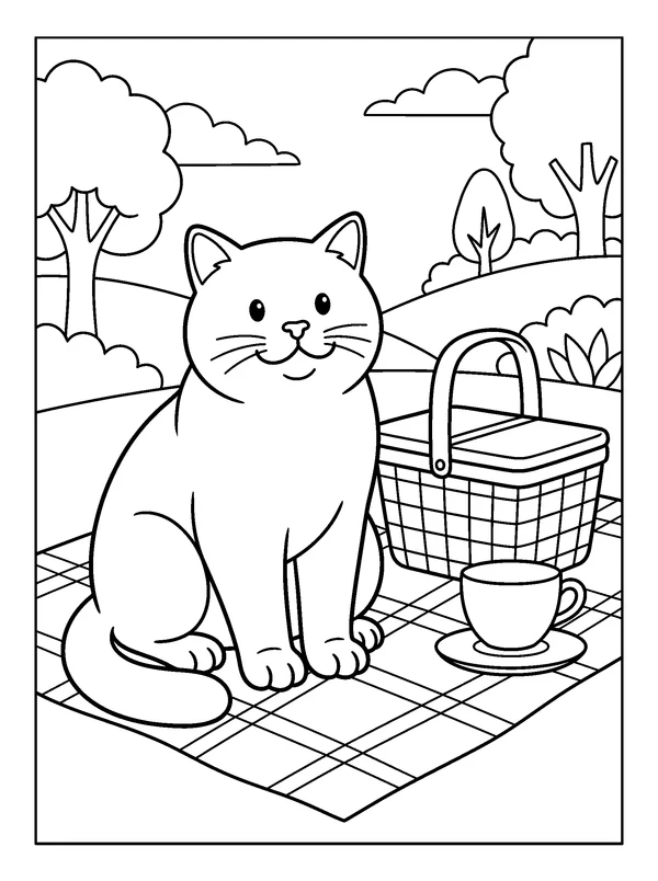 Shorthair Picnic Guest — printable black-and-white coloring sheet