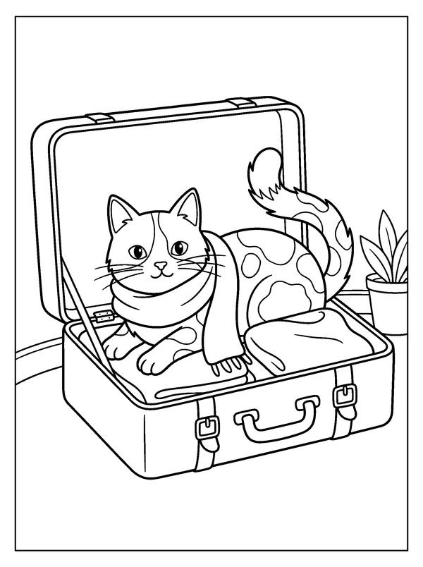 Calico Travel Basket — printable black-and-white coloring sheet