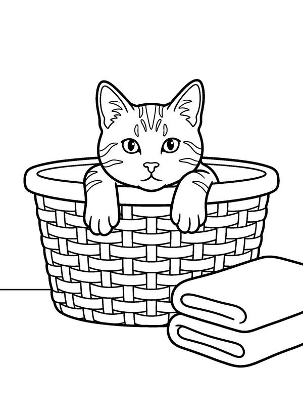 Ginger Cat Laundry Day — printable black-and-white coloring sheet