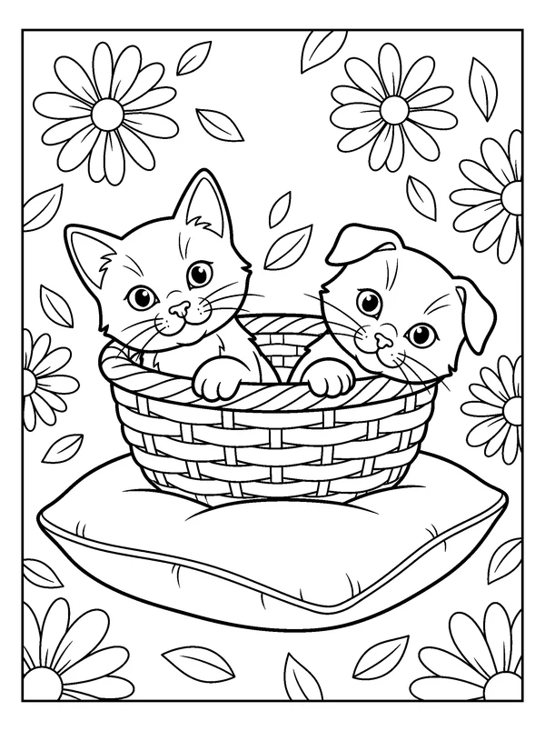 Kittens in a Basket — printable black-and-white coloring sheet