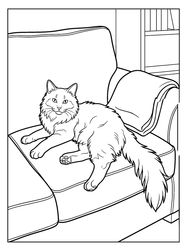 Maine Coon Armchair — printable black-and-white coloring sheet