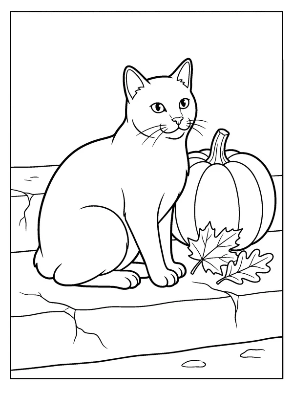 Manx on the Garden Step — printable black-and-white coloring sheet