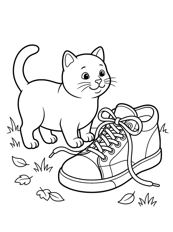 Little Cat and a Big Shoe — printable black-and-white coloring sheet