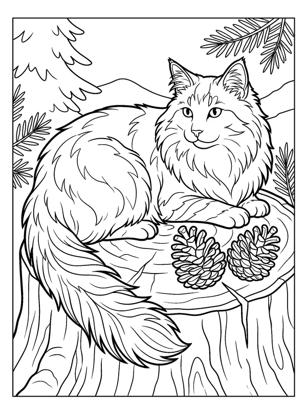 Forest Cat and Pinecones — printable black-and-white coloring sheet