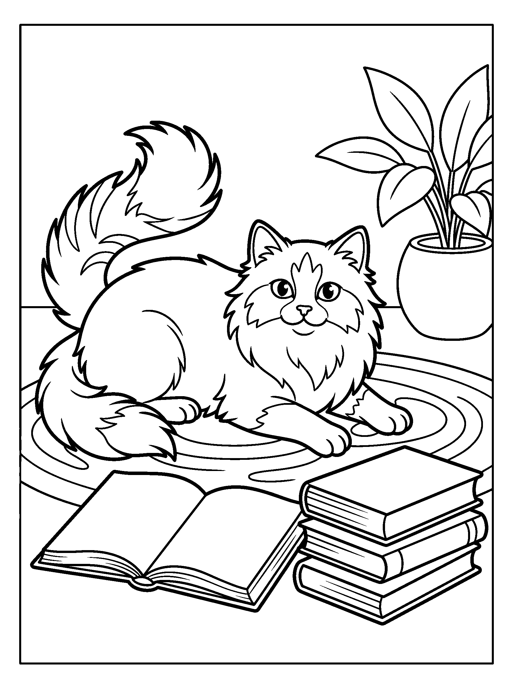 Ragdoll Reading Nook — full black-and-white printable coloring page