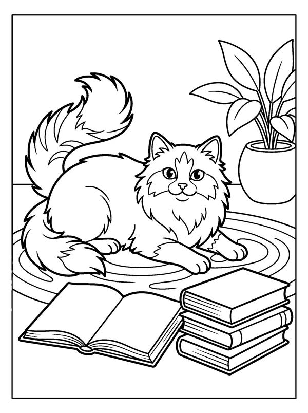 Ragdoll Reading Nook — printable black-and-white coloring sheet