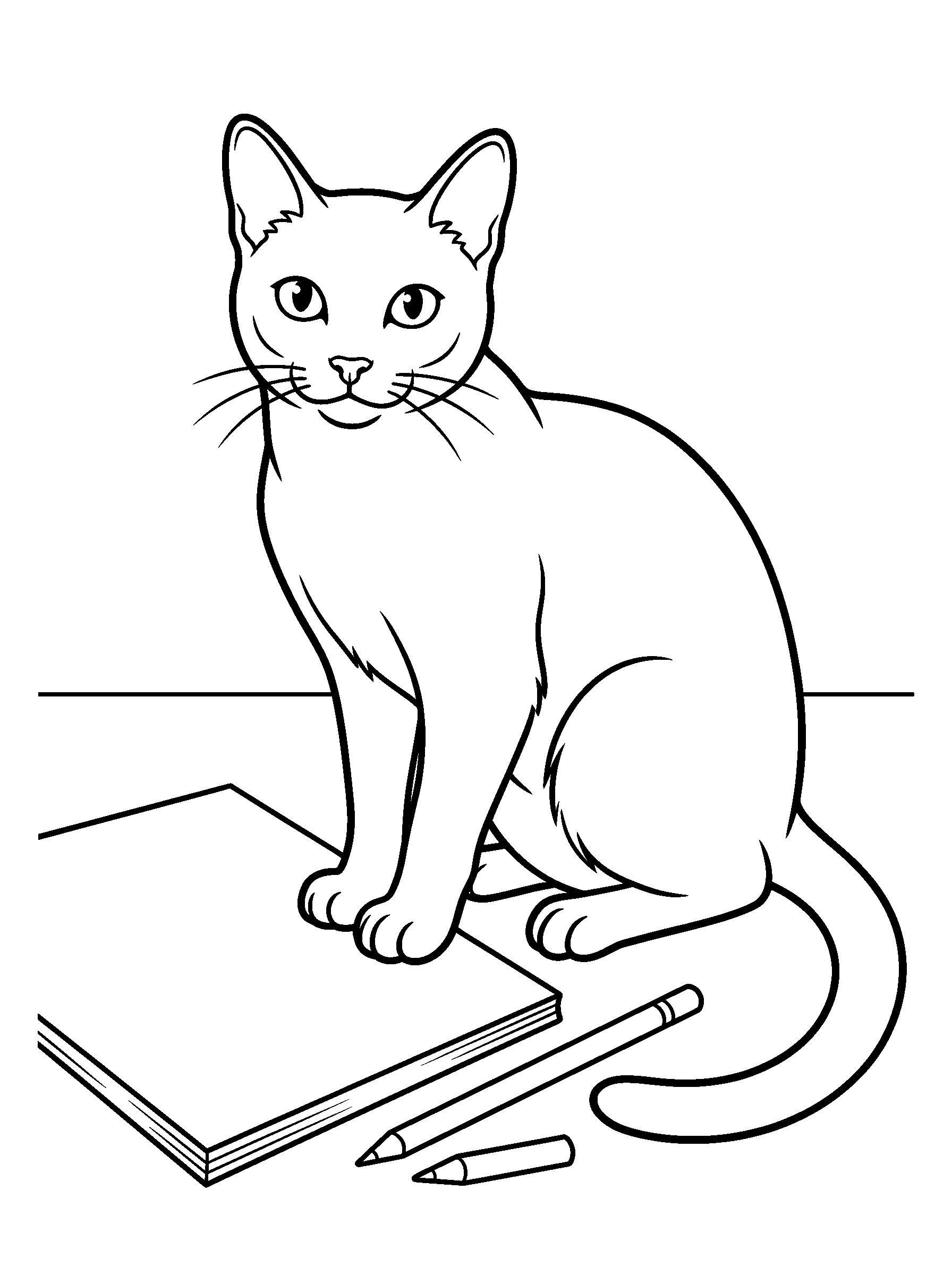 Cat by the Sketchbook — full black-and-white printable coloring page