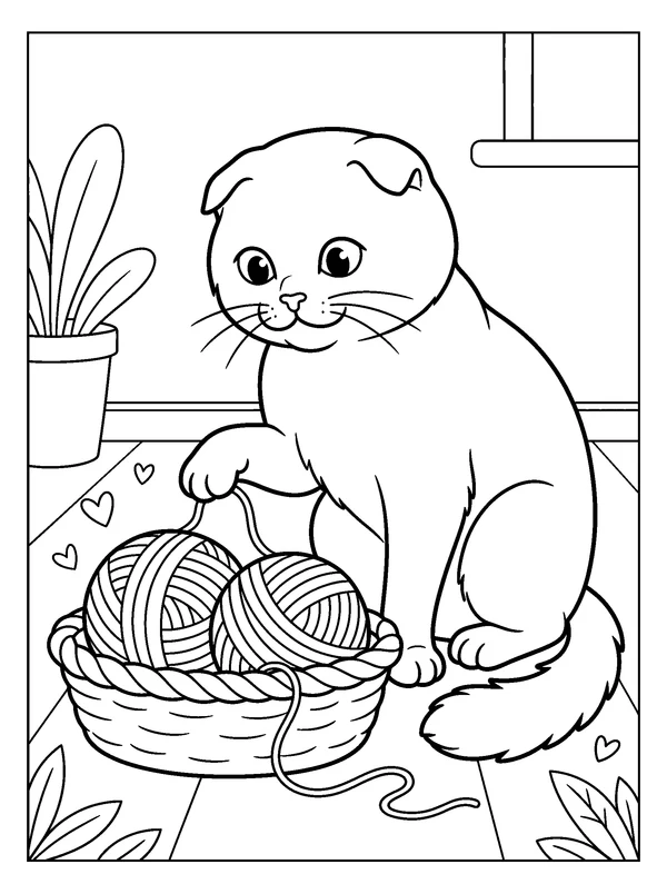 Fold-Eared Cat and Yarn — printable black-and-white coloring sheet