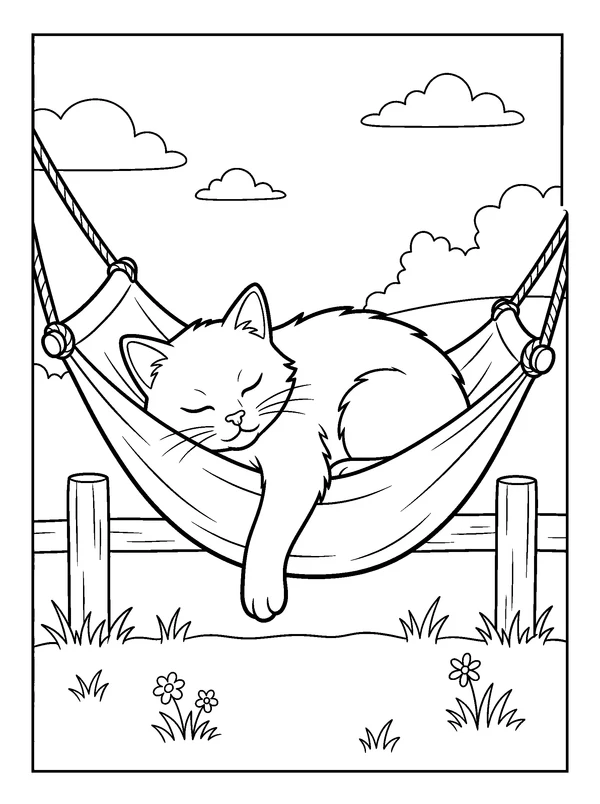 Cat Hammock Nap — printable black-and-white coloring sheet