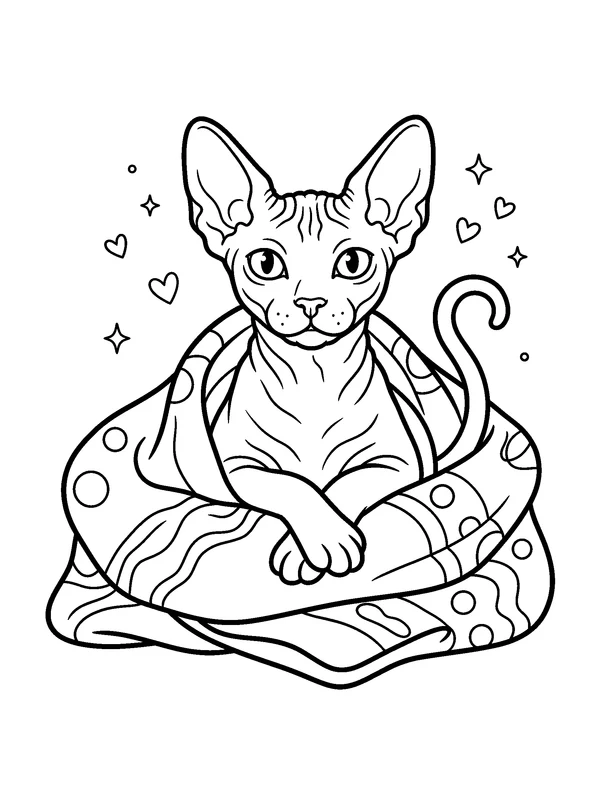 Sphynx in a Blanket — printable black-and-white coloring sheet