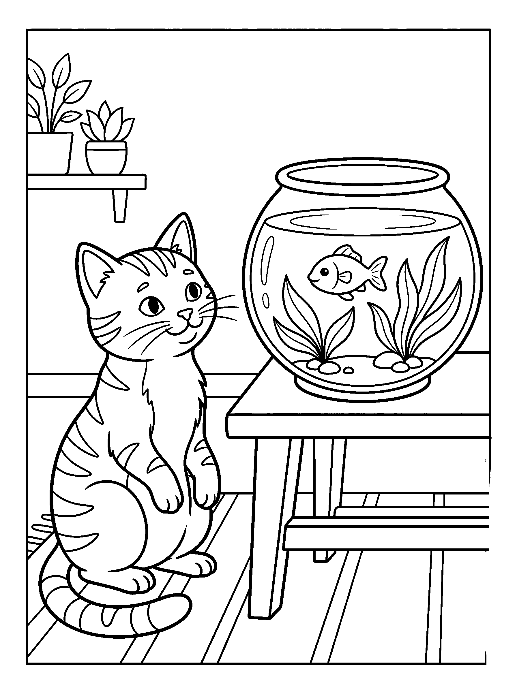 Tabby and the Fishbowl — full black-and-white printable coloring page