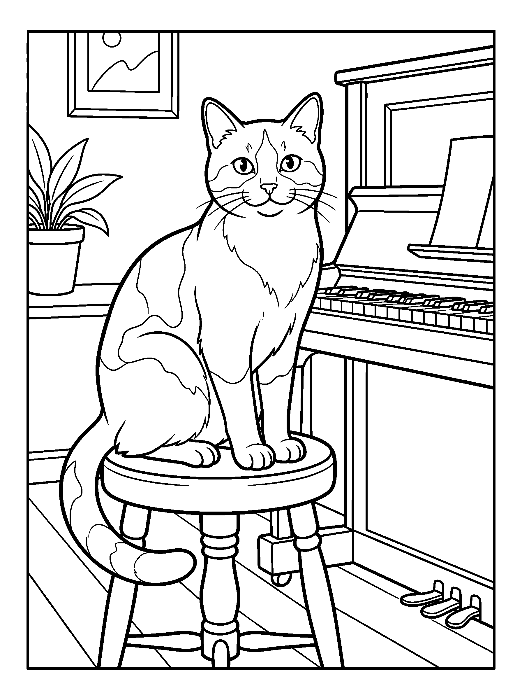 Tuxedo Cat on a Stool — full black-and-white printable coloring page