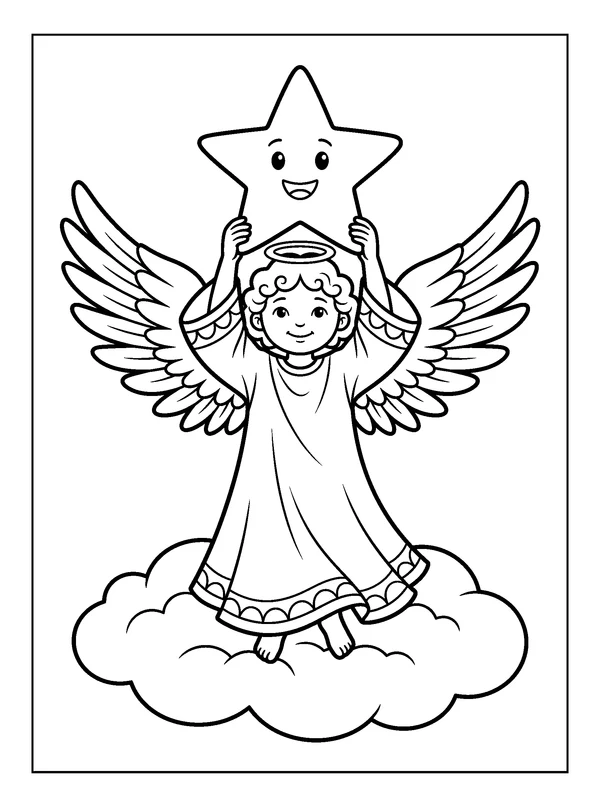 Angel Holding a Christmas Star — printable black-and-white coloring sheet
